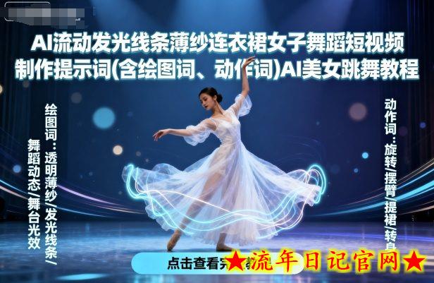 AI流动发光线条薄纱连衣裙女子舞蹈短视频制作提示词(含绘图词、动作词)AI美女跳舞教程插图 AI流动发光线条薄纱连衣裙女子舞蹈短视频制作提示词(含绘图词、动作词)AI美女跳舞教程