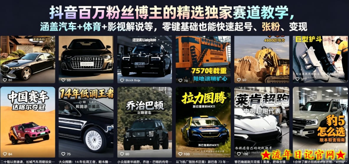 抖音百万粉丝博主的精选独家赛道教学,涵盖汽车+体育+影视解说等,零基础也能快速起号、涨粉、变现插图 抖音百万粉丝博主的精选独家赛道教学,涵盖汽车+体育+影视解说等,零基础也能快速起号、涨粉、变现
