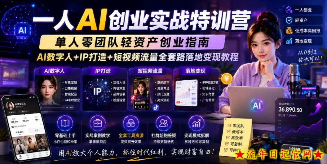 一人AI创业实战特训营,单人零团队轻资产创业指南,AI数字人+IP打造+短视频流量全套路落地变现教程插图 一人AI创业实战特训营,单人零团队轻资产创业指南,AI数字人+IP打造+短视频流量全套路落地变现教程