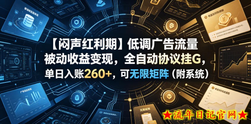 【闷声红利期】低调广告流量被动收益变现,全自动协议挂G,单日入账260+,可无限矩阵(附系统)【揭秘】插图 【闷声红利期】低调广告流量被动收益变现,全自动协议挂G,单日入账260+,可无限矩阵(附系统)【揭秘】