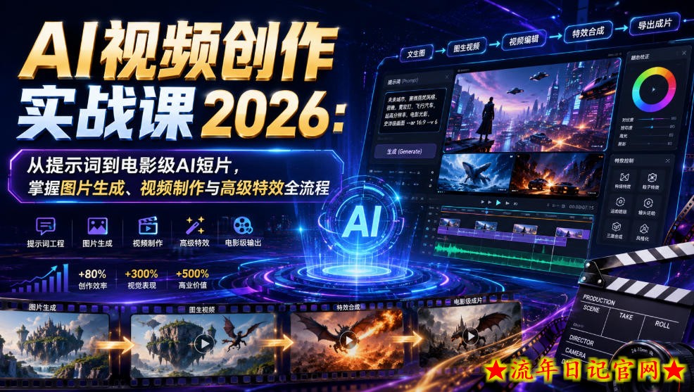 AI视频创作实战课2026:从提示词到电影级AI短片,掌握图片生成、视频制作与高级特效全流程插图 AI视频创作实战课2026:从提示词到电影级AI短片,掌握图片生成、视频制作与高级特效全流程