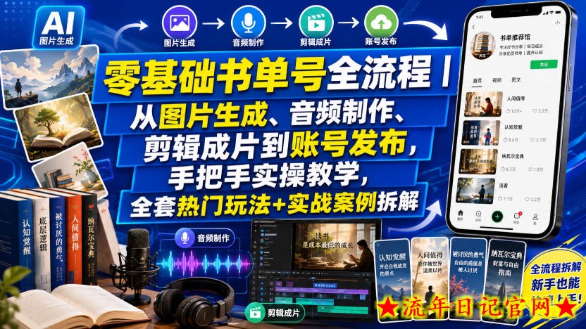 零基础书单号全流程|从图片生成、音频制作、剪辑成片到账号发布,手把手实操教学,全套热门玩法+实战案例拆解插图 零基础书单号全流程|从图片生成、音频制作、剪辑成片到账号发布,手把手实操教学,全套热门玩法+实战案例拆解