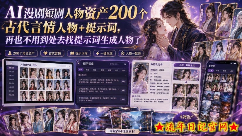 AI漫剧短剧人物资产200个古代言情人物+提示词,再也不用到处去找提示词生成人物了插图 AI漫剧短剧人物资产200个古代言情人物+提示词,再也不用到处去找提示词生成人物了