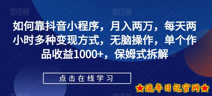 如何靠抖音小程序，月入两万，每天两小时多种变现方式，无脑操作，单个作品收益1000+，保姆式拆解-流年日记