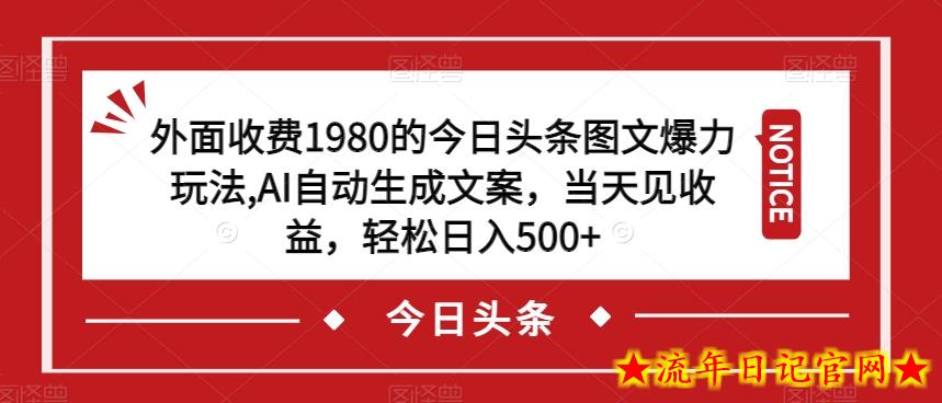 外面收费1980的今日头条图文爆力玩法，AI自动生成文案，当天见收益，轻松日入500+【揭秘】-流年日记