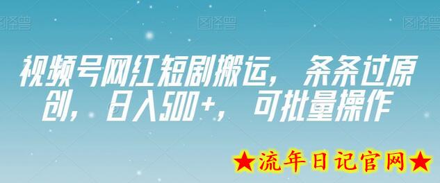 视频号网红短剧搬运，条条过原创，日入500+，可批量操作-流年日记