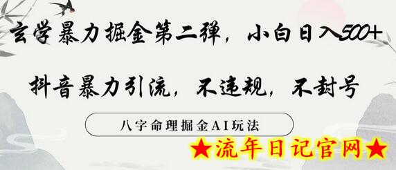 玄学暴力掘金第二弹，小白日入500+，抖音暴力引流，不违规，术封号，八字命理掘金AI玩法-流年日记