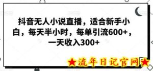 抖音无人小说直播,适合新手小白,每天半小时,每单引流600+,一天收入300+-流年日记