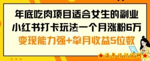 年底吃肉项目适合女生的副业小红书打卡玩法一个月涨粉6万+变现能力强+单月收益5位数【揭秘】-流年日记