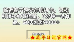 临近春节超火存钱打卡,轻松引爆小红薯流量,3分钟一条作品,20天涨粉4000+-流年日记