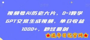 视频号AI历史大片，0-1教学GPT文案生成视频，单日收益1000+，秒过原创-流年日记