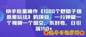 快手批量操作《1000个野路子信息差玩法》的项目,一分钟做一个视频一个图文,不封号,日引流150+-流年日记