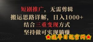 短剧推广，无需剪辑，搬运思路详解，日入1000+，结合三重变现方式，坚持做可实现躺赚-流年日记