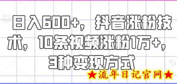 日入600+，抖音涨粉技术，10条视频涨粉1万+，3种变现方式-流年日记