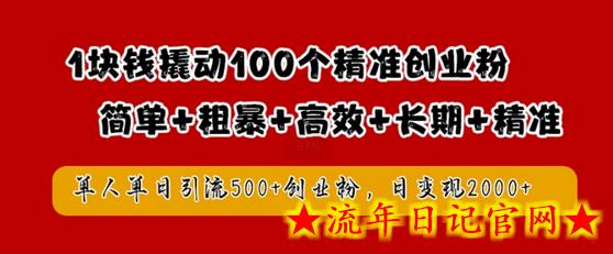 1块钱撬动100个精准创业粉，简单粗暴高效长期精准，单人单日引流500+创业粉，日变现2k-流年日记