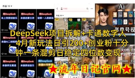 DeepSeek项目拆解+卡通数字人，4月新玩法日引200+创业粉十分钟一条混剪日稳定四位数变现-流年日记