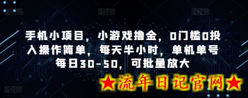 手机小项目，小游戏撸金，0门槛0投入操作简单，每天半小时，单机单号每日30-50，可批量放大-流年日记