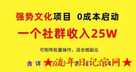强势文化项目，一个社群收入25个W，0成本启动，可矩阵批量操作，原创详细实操教程-流年日记