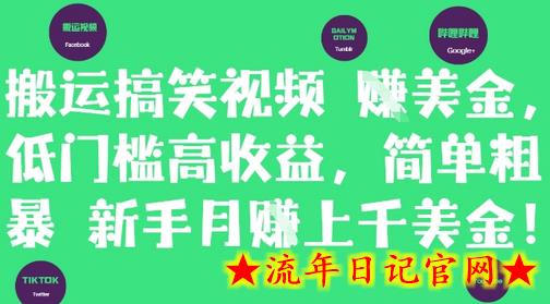 搬运搞笑视频挣美金，低门槛高收益，简单粗暴新手月入上千美刀-流年日记