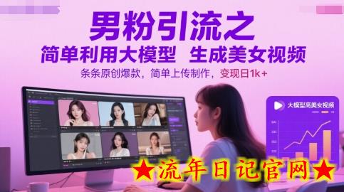 男粉引流之简单利用大模型生成美女视频，条条原创爆款，简单上传制作，变现日1k+-流年日记