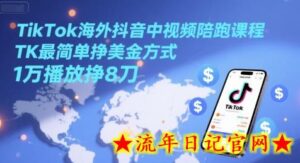 TikTok海外抖音中视频陪跑课程,TK最简单挣美金方式,1万播放挣8刀-流年日记