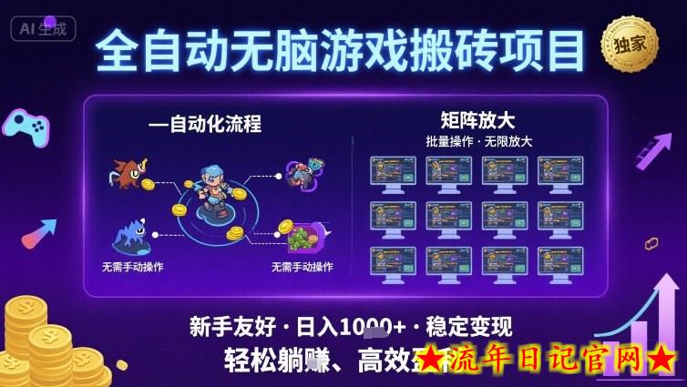 全自动无脑游戏搬砖项目，独家玩法，可批量矩阵无限放大，新手也能轻松日入1k+【揭秘】-流年日记