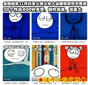 全网独家11月抖音火爆火柴人动画情感哲学赛道，30个作品400W多赞，制作简单，流量大【教学+素材】-流年日记