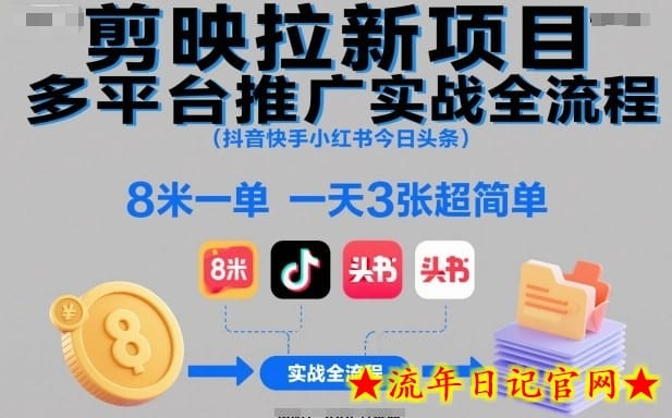 剪映拉新项目多平台推广实战全流程（抖音快手小红书今日头条），8米一单，一天3张超简单-流年日记