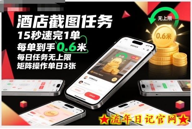 酒店截图任务，15秒速完1单，每单到手0.6米，每日任务无上限，全网首发玩法，矩阵操作单日3张【揭秘】-流年日记