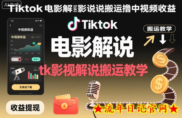 Tiktok电影解说搬运撸中视频收益，tk影视解说搬运教学-流年日记