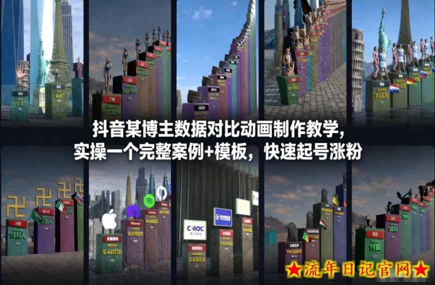 抖音某博主数据对比动画制作教学，实操完整案例+模板，快速起号涨粉-流年日记