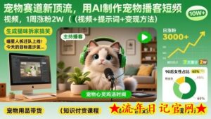 宠物赛道新顶流，用AI制作宠物播客短视频，1周涨粉2W（视频+提示词+变现方法）-流年日记