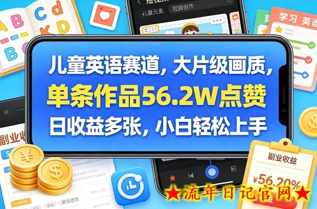 儿童英语赛道，大片级画质，单条作品56.2W点赞，日收益多张，小白轻松上手