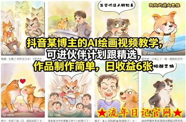 抖音某博主的AI绘画视频教学，可进伙伴计划跟精选，作品制作简单，日收益6张+
