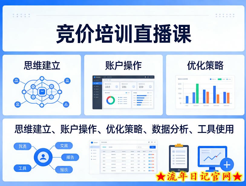 竞价培训直播课，覆盖思维建立、账户操作、优化策略、数据分析、工具使用等，全方位提升效果