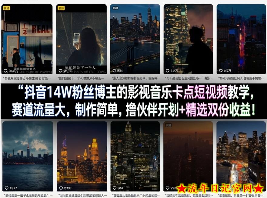 抖音14W粉丝博主的影视音乐卡点短视频教学，赛道流量大，制作简单，撸伙伴计划+精选双份收益！