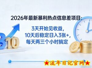 2026年最新暴利热点信息差项目：3天开始见收益，10天后稳定日入3张+，每天两三个小时搞定-流年日记