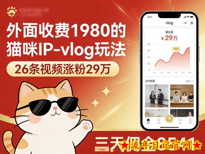 外面收费1980的猫咪IP-vlog玩法，26条视频涨粉29W，三天佣金8541