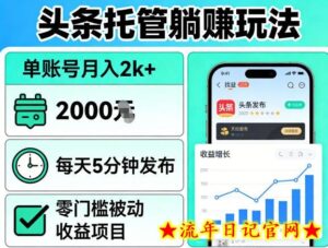 头条托管躺賺玩法，单账号月入2k+，每天5分钟发布即可，零门槛被动收益项目【揭秘】-流年日记