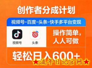 创作者分成计划，视频号-百度-头条-快手多平台变现，操作简单，人人可做，轻松日入600+-流年日记