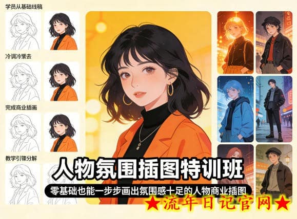 人物氛围插图特训班，零基础也能一步步画出氛围感十足的人物商业插图