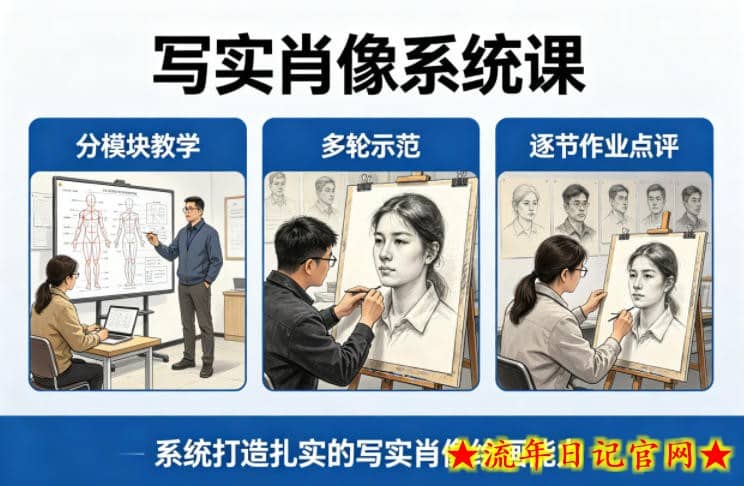 写实肖像系统课，全程分模块教学+多轮示范+逐节作业点评，系统打造扎实的写实肖像绘画能力
