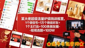 某大佬超级流量IP搞钱训练营，1个微信号+1万个微信好友+1个主打品+100条朋友圈-短视选题=100W-流年日记