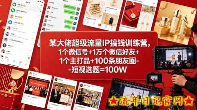 某大佬超级流量IP搞钱训练营，1个微信号+1万个微信好友+1个主打品+100条朋友圈-短视选题=100W