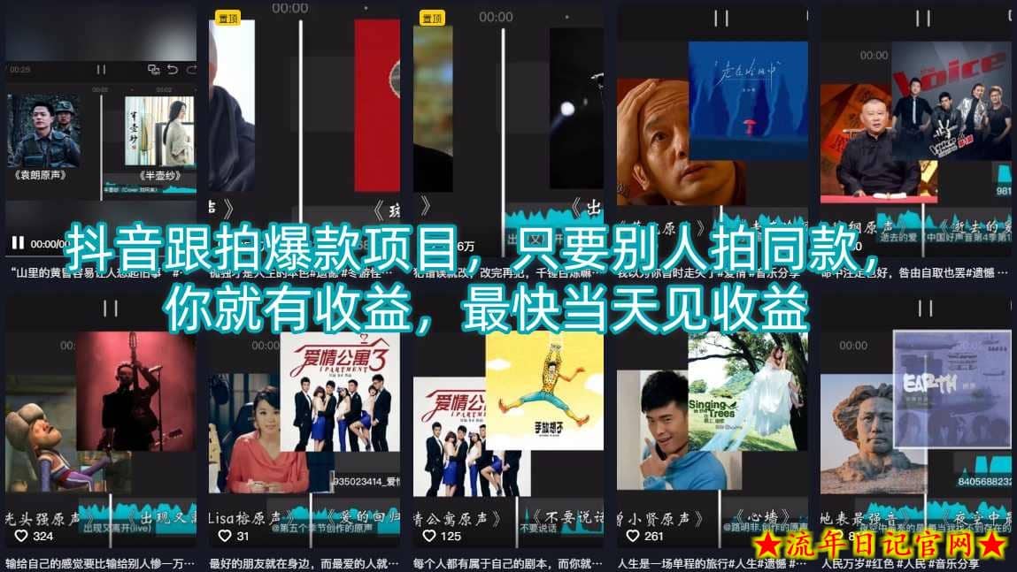 抖音跟拍爆款项目，只要别人拍同款，你就有收益，最快当天见收益