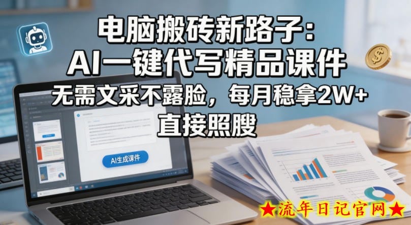 电脑搬砖新路子：AI一键代写精品课件，无需文采不露脸，每月稳拿2W+，直接照搬