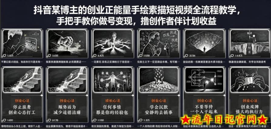 抖音某博主的创业正能量手绘素描短视频全流程教学，手把手教你做号变现，撸创作者伙伴计划收益