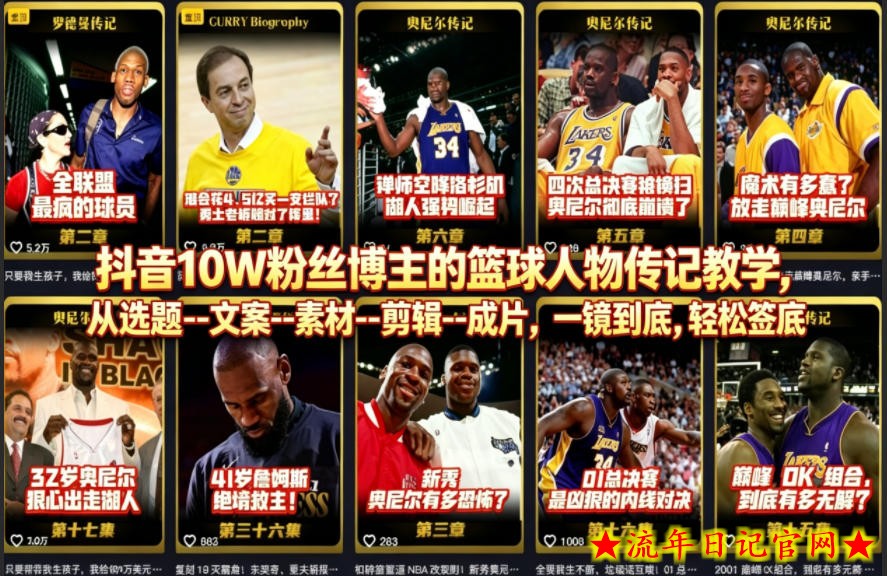 抖音10W粉丝博主的篮球人物传记教学，从选题--文案--素材--剪辑--成片，一镜到底，轻松签约精选独家