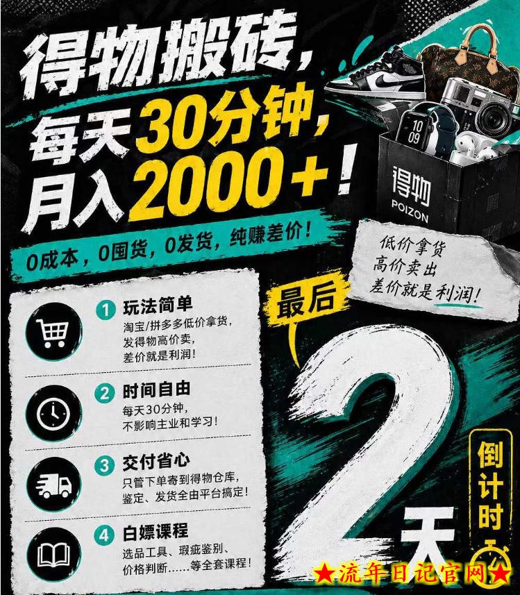 得物搬砖，0成本起步每天30分钟，月入2000+，0成本，0囤货，0发货，纯賺差价