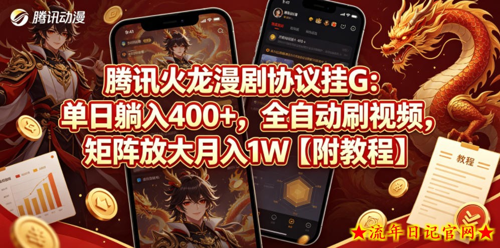 腾讯火龙漫剧协议挂G：单日躺入400+，全自动刷视频，矩阵放大月入1W【附教程】【揭秘】